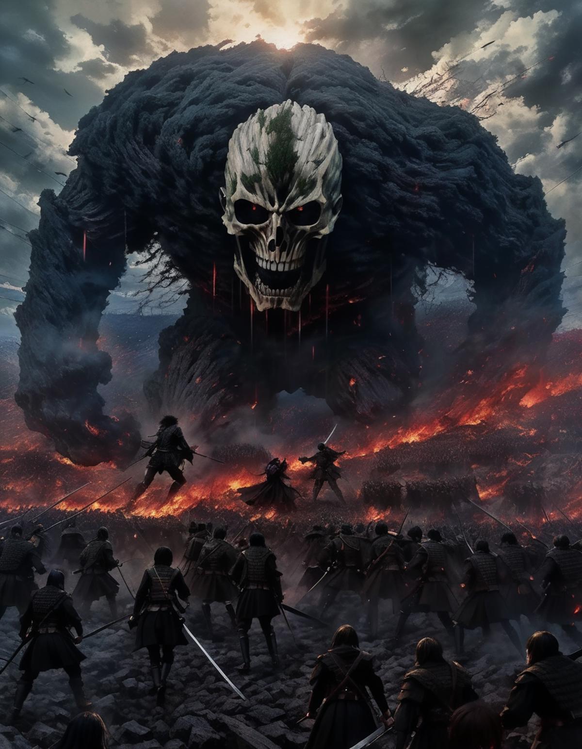 A group of fighters facing a monster with a skull face.