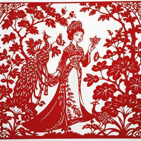 The image is a traditional Chinese paper-cut artwork, predominantly in red and white. It beautifully depicts a scene where a princess, rendered with fine, delicate cuts, stands amidst a lush garden. Her hairstyle is ornate, complemented by floral motifs, and her attire is adorned with intricate patterns, symbolizing nobility. The garden around her is a masterpiece of paper-cut art, featuring a variety of flowers, leaves, and perhaps a peacock or two, all in exquisite detail. The red of the princess's attire vividly contrasts against the white background, bringing the entire scene to life with a sense of elegance and tranquility, <lora:cn_paper_cut:0.75>