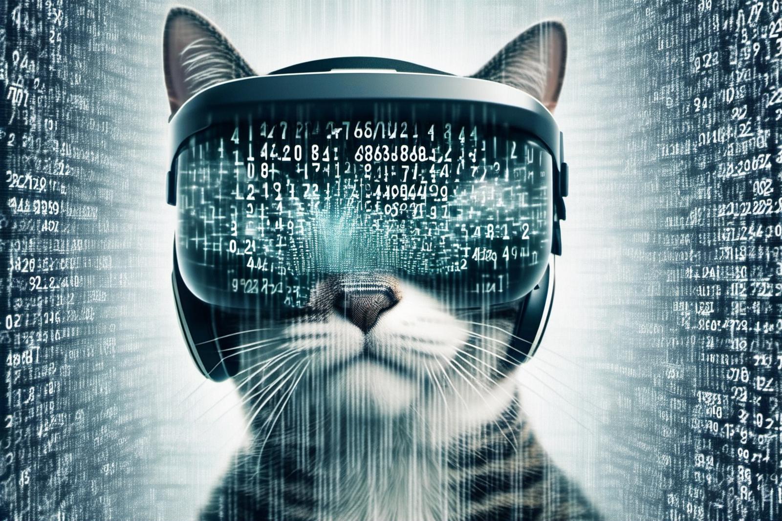 Cat wearing virtual reality goggles with numbers on screen