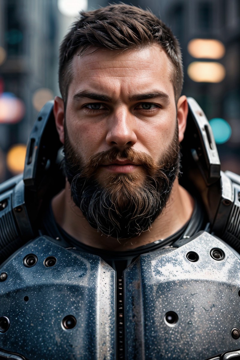 close up Portrait photo of muscular bearded guy in a worn mech suit, ((light bokeh)), intricate, (steel metal [rust]), ele...