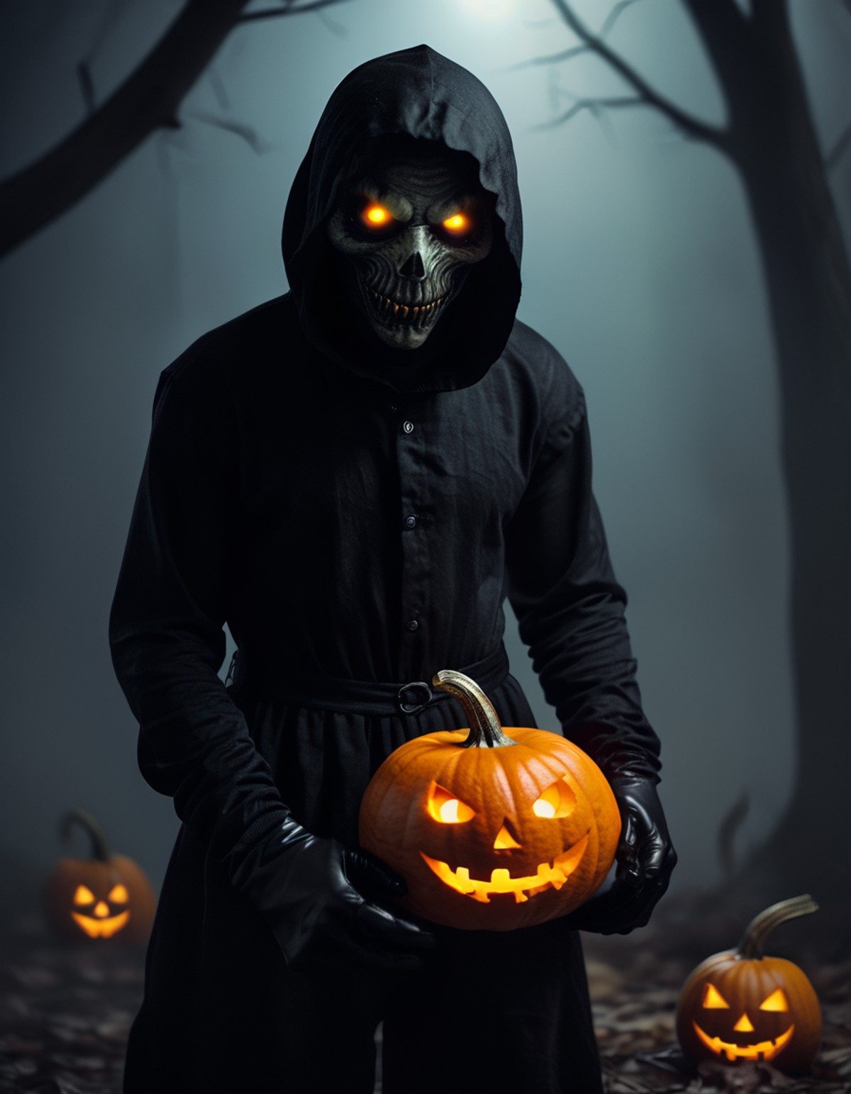 a creepy looking creature with glowing eyes and a black outfit with yellow eyes and gloves,  jack-o'-lantern,  pumpkin,  r...
