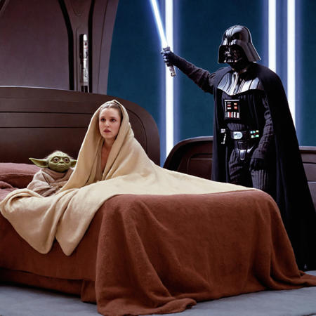 Star Wars movie style. Episode I: The Phantom Menace, the royal bedchamber of the planet Naboo, Queen Padmé Amidala sits on the bed wrapped in a blanket, Yoda's head peeks out from under the edge of the blanket, Darth Vader stands on the right side of the bed, raising his glowing Jedi sword to strike Padmé Amidala, Padmé Amidala and Yoda are scared, full moon, Cinematic, Hyperdetailed Photography