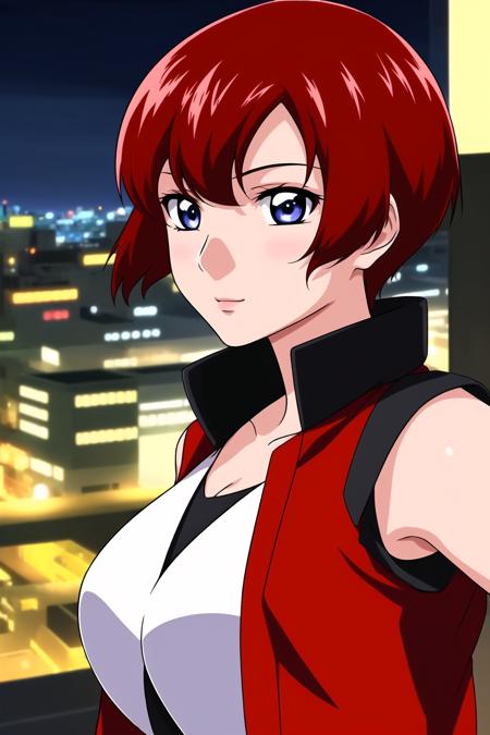 (Night:1.7), Japan, Tokyo, CityView, Before Window,
Standing at attention,
red vest and black vest with a green shirt on,
<lora:Mayura_Labatt_Gundam_seed-KK77-V1:0.7>,
red hair, blue eyes,short hair,
1 girl, 20yo,Young female,Beautiful Finger,Beautiful long legs,Beautiful body,Beautiful Nose,Beautiful character design, perfect eyes, perfect face,expressive eyes,
looking at viewer, in the center of the image,(Upper_body),(close-Up),(Focus on her face),
official art,extremely detailed CG unity 8k wallpaper, perfect lighting,Colorful, Bright_Front_face_Lighting,shiny skin,
(masterpiece:1.0),(best_quality:1.0), ultra high res,4K,ultra-detailed,
photography, 8K, HDR, highres, absurdres:1.2, Kodak portra 400, film grain, blurry background, bokeh:1.2, lens flare, (vibrant_color:1.2)
(Beautiful,Breasts:1.0), (beautiful_face:1.5),(narrow_waist),