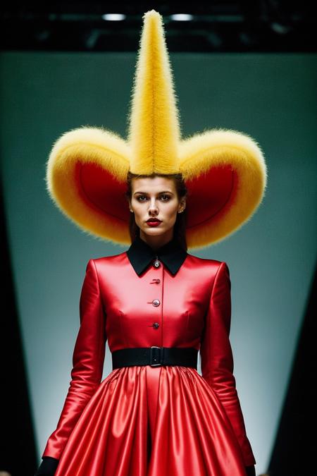 hyper realistic photograph, film grain, Kodak portra 800, f1.8, dynamic portrait photo of a 20yo female hungarian supermodel, on the catwalk, fashion show, bizarre avantgarde outfit, alien aesthetic, soft professional lighting