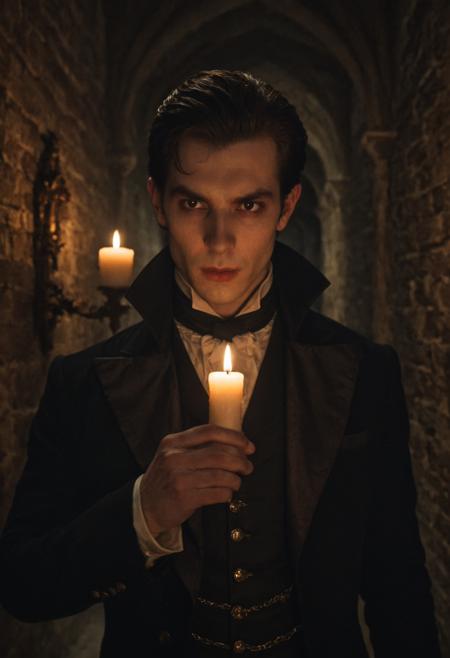 cinematic film still (face ultra close-up:1.3) of a young vampire aristocrat man with (tapetum:1.3), holding a candle next to his face, warm candle light, dramatic shadows, standing in a dark castle hallway, dark suit, creepy atmosphere of gothic horror films, his face fills the entire frame  <lora:tapetum_sdxl-000011:1.25>