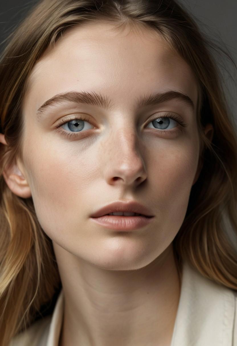 Closeup photo of a young French woman named Natalia, with porcelain skin and delicate features, captured by the lens of renowned photographer Annie Leibovitz. The photo is taken in a studio setting with soft lighting, highlighting Natalia's natural beauty and elegance. (High resolution, trending on Vogue)bad-picture-chill-75v