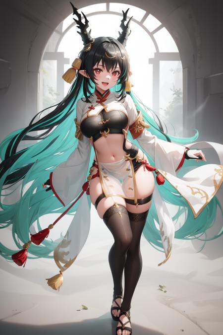 harsd, multicolored hair, horns, pointy ears, streaked hair, hair ornament harsd, multicolored hair, horns, pointy ears, streaked hair, hair ornament, chinese clothes, clothing cutout, black thigh highs, detached sleeves, see through pelvic curtain, multicolored eyes,  one side fingerless gloves, okobo
