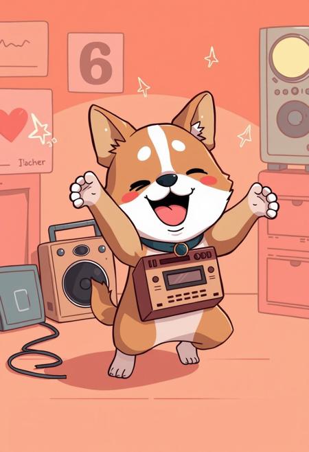 anime style, a dog break dancing with a boom box, chibi, breakdown,