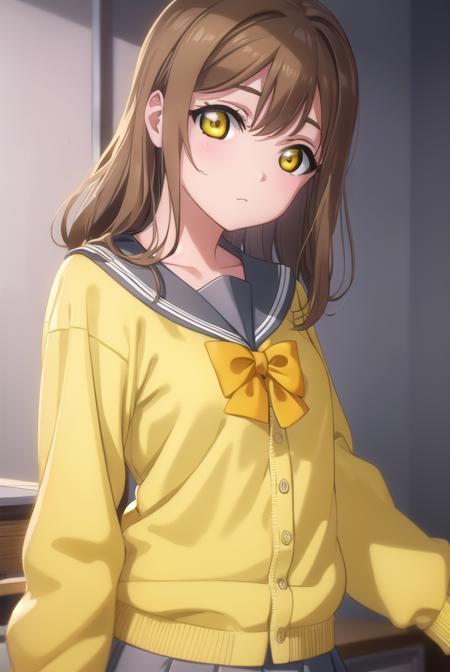 hanamarukunikida, <lora:hanamaru kunikida s2-lora-nochekaiser:1>,
hanamaru kunikida, long hair, bangs, brown hair, (yellow eyes:1.3),
BREAK long sleeves, bow, school uniform, serafuku, bowtie, cardigan, uranohoshi school uniform, yellow cardigan,
BREAK indoors, classroom,
BREAK looking at viewer, (cowboy shot:1.5),
BREAK <lyco:GoodHands-beta2:1>, (masterpiece:1.2), best quality, high resolution, unity 8k wallpaper, (illustration:0.8), (beautiful detailed eyes:1.6), extremely detailed face, perfect lighting, extremely detailed CG, (perfect hands, perfect anatomy),