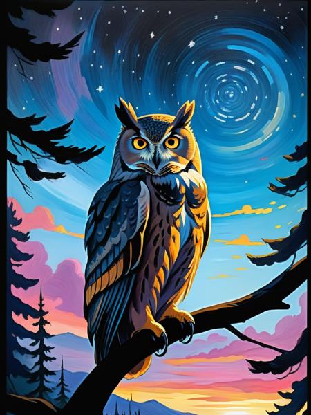 <lora:NatureLandscapePainting01_Hap_XL:2.8>, <lora:add-detail-xl:0.3>, nature,serene,oil painting,brushstrokes painting,illustration,impressionistic,visual depth, glowing frame, backlight colors, silhouette colors, cosmic frame, powerful owl, profile in a frame, silhouette, backlighting, vibrant,magical night sky, illustration, soft, beautiful, dreamy, realistic, professional, simple, twinkling night sky, extremely detailed, hyper detailed, illustration, half finished sketch, half colored sketch, anime, masterpiece, bright colors, high contrast, vivid lighting, dark background, simple background, mad-spiral-galaxy,