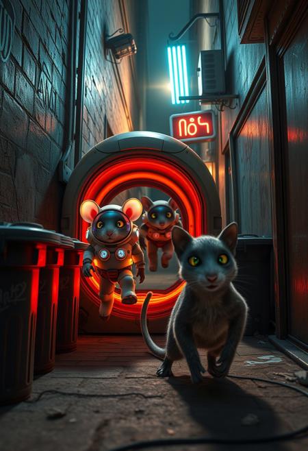 Two tiny mice, dressed in high-tech, advanced spacesuits with glowing visors and futuristic gadgets, are stepping out of a small, sleek alien spacecraft. Their faces are lit with excitement and wonder as they eagerly anticipate meeting Earth's inhabitants. However, they’ve mistakenly landed in a gritty, dimly lit urban alleyway with a few neon signs casting light . The walls are covered in graffiti, and trash bins line the narrow space. Emerging from the shadows, an alley cat with a muscular physique, sleek fur and piercing gold and green eyes is poised to pounce, toward the unsuspecting mice. The scene is illuminated by a flickering streetlight neon and neon signs, casting eerie shadows across the alley., architecture, fashion, poster, 3d render