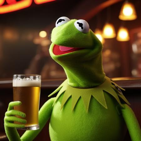 Kermit1024,a muppet frog, full body, drink beer in a pub, neon lights sign "Kermit" , highly detailed, photography, ultra sharp, film, bokeh, professional, 4k  <lora:add-detail-xl:1.5>   <lora:Kermit1024:0.8>