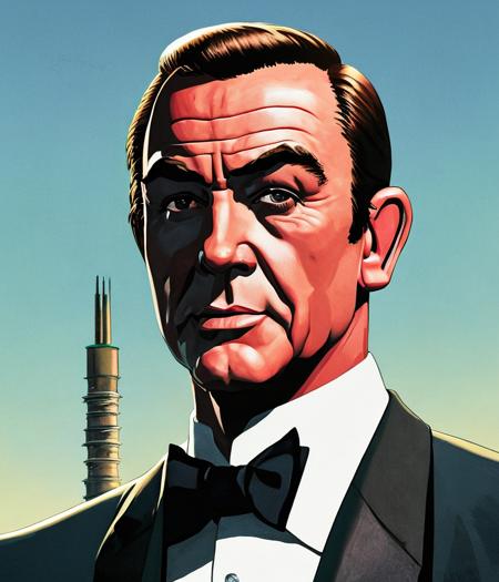 illustration of (Sean Connery's James Bond:1.1) wearing a (tuxedo:1.1) (with a tower in the background:1.3), ruggedly handsome, (detailed face:1.1), masterpiece, character portrait, key art, art by cardstylev3