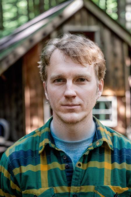 a man in a forest, in a plaid shirt, (looking directly at camera), (shack in the background), [upper body], (close up), (candid, amateur), (raw, 8k, uhd, fujifilm xt3),  <lora:paulDano:1>