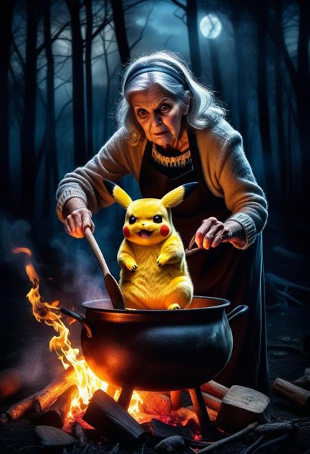 horror movie poster of a cackling ugly old witch cooking a pikachu in a cauldron boiling over a blazing fire in a clearing, dark horror vibe, moonlit night,