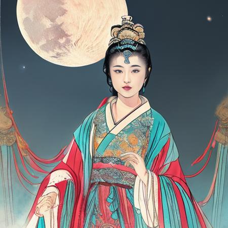 masterpiece,  {{ultra-detailed}}, best quality, realistic, portrait, colorful,extremely detailed,photo of 1girl is walking on cloud,   beautiful face, hanfu, ribbon, long sleeves, headdress,   jewelry, cute face , star sky, bridge,  moon, looking at viewer, <lora:xuanxue_v1.0:0.6>