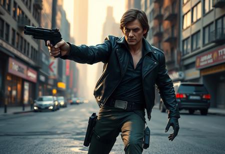 expert Intricate Cyborg Han Solo from Star Wars, centered in dynamic action pose, black leather jacket, green pants, blaster pointed left as main focal point. Foreground street surface, background cyberpunk cityscape with buildings & cars. Captivating cinematic lighting, high detail, intricate textures, lifelike details, beautiful detailed eyes. Matte painting, splash ink illustration, Octane Render, Unreal Engine 5. Golden Ratio, Impeccable Composition, Creative Angle, Sharp Focus, 4K, trending on Artstation, CGSociety.