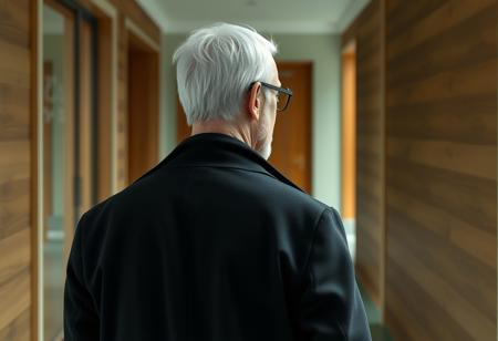 A highly detailed, realistic 3D digital illustration style, view of the back of an old writer exiting his home, going outside. He's wearing black trenchcoat. The writer's short white hair is combed back, slightly receding hairline. From the side are visible his short white sideburns and beard,  his chiseled, narrow face with a strong jawline and prominent cheekbones, and his black round glasses. The walls of his hallway are covered in wood, the concrete painted light green.