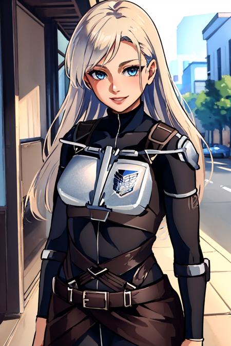 (masterpiece, best quality:1.2), solo, 1girl, smile, looking at viewer, long hair, white hair, blue eyes, blksurvcorp, breastplate, multiple belts <lora:attire_blacksurvcorp-10:1>