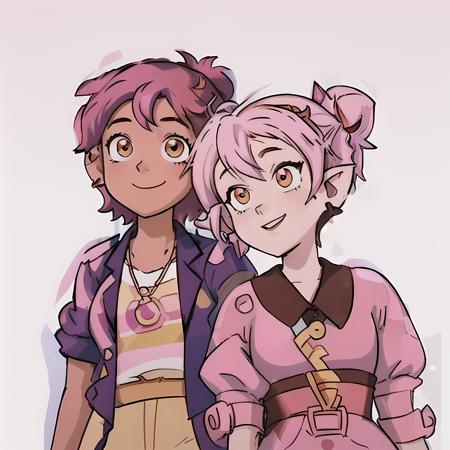 smiling, ((high resolution illustration)), ((extremely detailed)), (masterpiece), two girls, (amity with pink hair bun and (brown shaved hair:1)), (luz with short brown curly hair), (luz and amity:1.2), (luz:1), (Amity:1), <lora:LuzandAmitySeason3:1.1>, simple background, (white background)