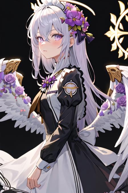 best quality, masterpiece, highres, solo, {maid:1.40}, {long maid dress:1.15}, {azusa_bluearchive:1.15}, long_hair, hair_ornament, hair_between_eyes, flower, hair_flower, halo, wings, white_hair, purple_eyes, bangs, blush, purple_flower, white_wings