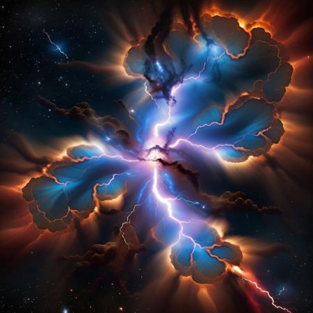 mad-nbla, lightning bolt symbol shaped nebula, ultra realistic, complementing tones