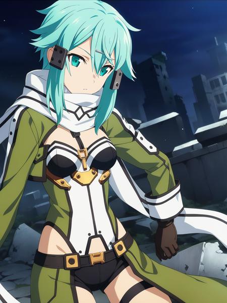 sinonggo, aqua eyes, short hair, aqua hair, sidelocks, hair between eyes, hairclip, hair ornament, green jacket, leotard, scarf, black shorts, gloves, long sleeves, medium breasts, 1girl, solo
BREAK
urban battlefield, ruins, night sky, depth of field, cinematic, game cg, anime screencap, official art, masterpiece, best quality
<lora:dssinon_a3b:1>