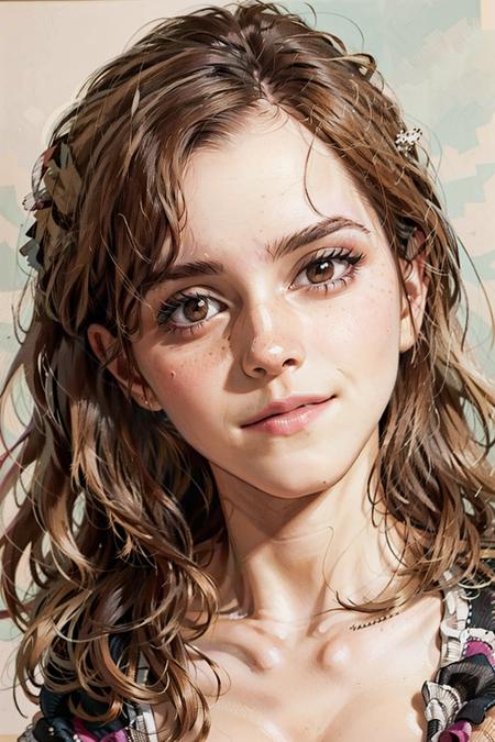 (masterpiece:1.1),(highest quality:1.1),(HDR:1), ambient light,ultra-high quality,( ultra detailed original illustration), Illustrate Emma Watson in a vibrant pop art style, with bold colors, dynamic patterns, and a playful composition that reflects the energy of the pop art movement,  <lora:Emma Watson:1>