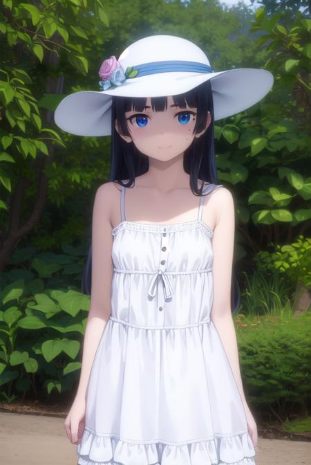 rurigokou, <lora:ruri gokou s2-lora-nochekaiser:1>,
ruri gokou, long hair, black hair, dress, pantyhose, mole, mole under eye, hime cut, smile,
BREAK blue eyes, hat, dress, white dress, sun hat, sundress,
BREAK outdoors, beach,
BREAK looking at viewer, (cowboy shot:1.5),
BREAK <lyco:GoodHands-beta2:1>, (masterpiece:1.2), best quality, high resolution, unity 8k wallpaper, (illustration:0.8), (beautiful detailed eyes:1.6), extremely detailed face, perfect lighting, extremely detailed CG, (perfect hands, perfect anatomy),