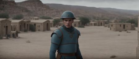 cinematic film still of a close up of a man in a blue uniform in a desolate desert village at noon, overcast, 
, filmic, vignette, highly detailed, high budget Hollywood movie, bokeh, cinemascope, moody, epic, gorgeous, film grain, grainy