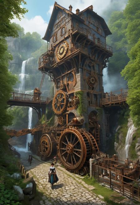 Image depicts a steampunk-style scene featuring a massive, intricate watermill structure. The watermill is adorned with numerous gears, pipes, and clock-like elements, all rendered in a metallic, industrial aesthetic. Water cascades dramatically from the central wheel, creating a waterfall effect. The structure is set against a rocky backdrop, with mist and steam adding to the atmospheric ambiance. In the foreground, a cobblestone path leads to the watermill, bordered by an ornate wrought-iron fence. Two woman, dressed in steampunk corsets, are walking along the path, adding a sense of scale to the towering machinery. The overall color palette is dominated by muted blues, grays, and metallic tones, enhancing the vintage, mechanical theme of the scene.