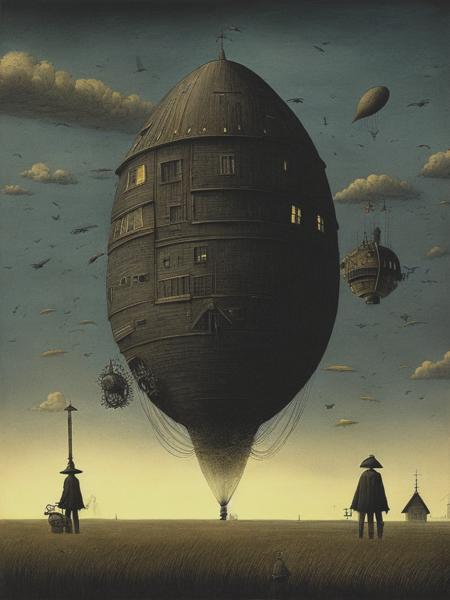 <lyco:JohnKennMortensen:1.0> steampunk zepplin scary creepy dark surreal illustration donken grimdark dark ominous John Kenn Mortensen