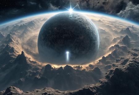 view from space on an ancient planet shrouded in clouds, a dying star in the background
