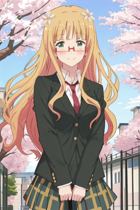 best quality, masterpiece, highres, solo, {mitsuki_sonoda_sakuratrick:1.15}, blonde_hair, glasses, flower, blush, hair_flower, hair_ornament, long_hair, green_eyes, red-framed_eyewear, 1girl, cherry_blossoms, looking_at_viewer, necktie, school_uniform, tree, smile, fence, jacket