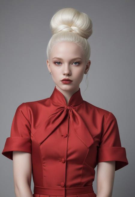 Beautiful female dark girl, albino, bun hairstyle, extremely beautiful, young, red clothes