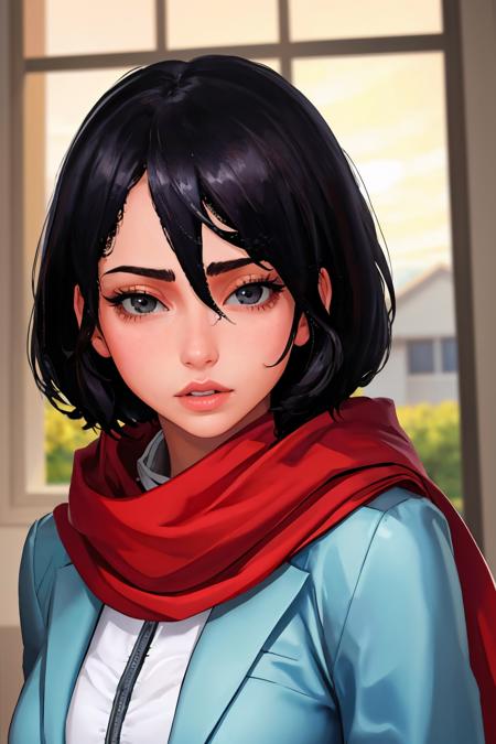 (masterpiece, best quality:1.2), <lora:taffytales:1>, taffytales, 1girl, solo, black hair, short hair, red scarf, scarf, hair between eyes, looking at viewer, realistic, black eyes, upper body, lips, blurry