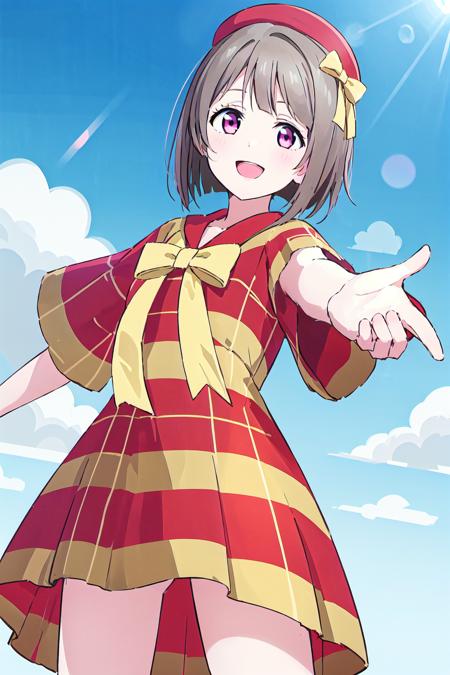 (best quality, masterpiece:1.2), 1girl, solo, (cowboy shot:1.2),  sunlight, lens flare, smile, open mouth, light on face, standing,
 <lora:Nakasu Kasumi Enjoy it:0.8> nakasu kasumi, enit dress