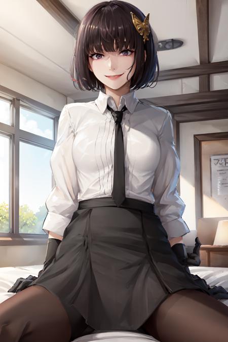 (masterpiece, best quality:1.2), <lora:bsd_akiko-10:0.8>, pov, 1girl, yosano akiko, smile, straddling, black hair, bangs, hair ornament, white collared shirt, black necktie, short sleeves, black gloves, black skirt, pantyhose