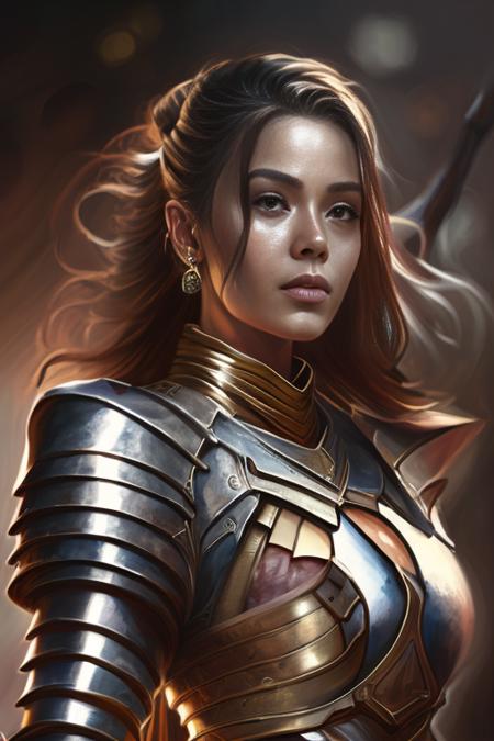 A digital painting of  a beautiful young woman, character portrait,   armor-plated battle armor, D&D, fantasy, cinematic lighting, highly detailed, digital painting, artstation, concept art, smooth, sharp focus, illustration, warm light, cozy warm tint, magic the gathering artwork, volumetric lighting, 8k, no gold, no gold colours, art by Akihiko Yoshida, Greg Rutkowski