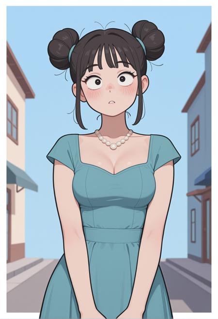 masterpiece, best quality, very aesthetic, absurdres, newest, highest quality, 1girl, medium_breasts, mommy figure, aqua dress, platinum double bun, messy bangs, black eyes, thin waist, embarassed, blushed, looking_at_viewer, upper_body, necklace, blue_background, public background, dynamic pose, cowboy shot, white border, outlined, m1nma_sty, minimalistic