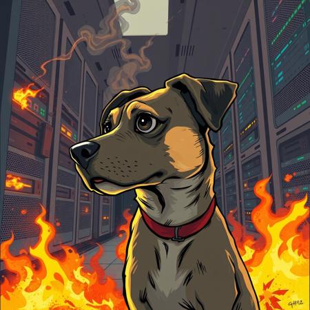 photograph of Understanding the Dog Side Eye, 1 dog, trying to fix a burning and exploding server room