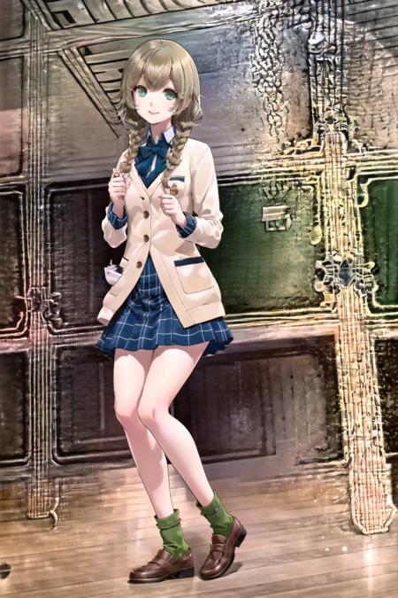 solo, 1girl, ruri sakurada, twin braids, school uniform, (beige cardigan), long sleeves, (green bowtie), blue plaid skirt, (green socks), loafers, smile, looking at viewer, standing, classroom, school, indoors, sunlight, full body, <lora:negative-e12-15:-1.5>