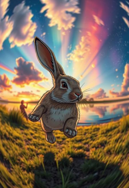 comic (rabbit) is (running:1.05) to the viewer whilst Moulting,, (dynamic:1.1), sun rays,, (taken by 7.5mm fisheye lens:1.1) (looking to the right)
=
With a rainbow nebula background elements . Epic dynamic lighting .(2. Serene Lakeside Sunset)
=
=
((Vivid, HDR, Canon50, 8K,  Hyper Realistic, Dramatic, Epic, Dynamic Contrast, Cinematic Lighting)) (((Zoomed Out, Far away Shot)))
= 
  <lora:juggernautXL_version6Rundiffusion:0.8>  <lora:crystalClearXL_ccxl:0.8>
((Vivid, Epic, Dynamic contrast)) (((Zoomed out, Far away shot, In frame)), By art germ . graphic illustration, comic art, graphic novel art, vibrant, highly detailed