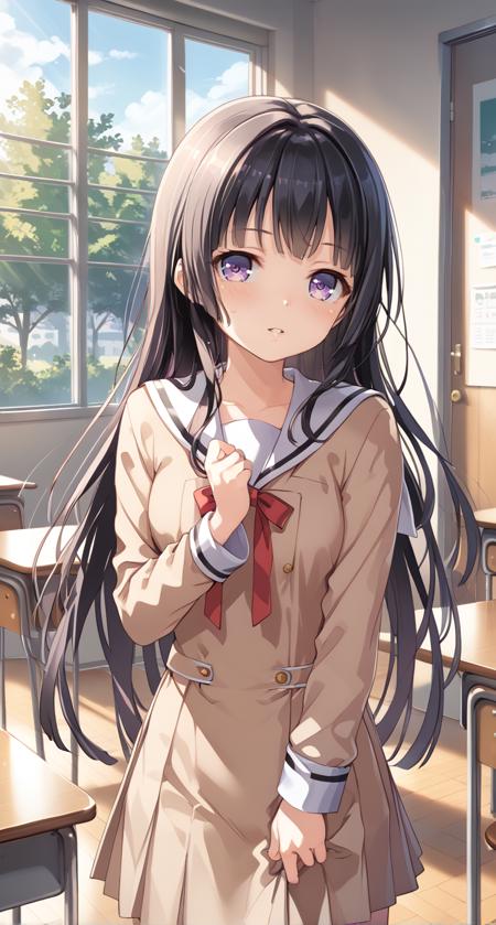 srknrnkcasual, shirokane rinko, black hair,very long hair,black ribbon,black skirt,blunt bangs,long skirt,white shirt, frilled shirt collar,frilled sleeves,frills,high-waist skirt,hime cut,neck ribbon,purple eyes, shirokane rinko, srknrnkschool,black hair,very long hair long sleeves,neck ribbon,outstretched arm,parted lips,pleated dress, purple eyes,red ribbon,ribbon,sailor collar,sailor dress,school uniform,serafuku,short dress,sidelocks,