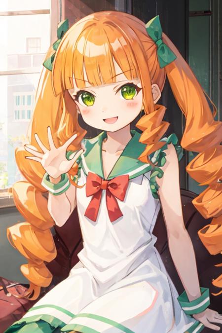 pomponette, green eyes, long hair, hair bow, twintail, hair drill, orange hair, white dress, bow, smile, sitting, city  <lora:pomponette-v3:0.9>