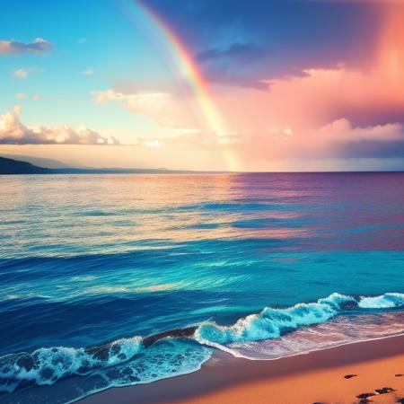 no humans, cloud, scenery, sky, outdoors, rainbow, mountain, water, cloudy sky, sun, sunset, sunlight, reflection, ocean, blue sky, horizon <lora:Rainbow:1>