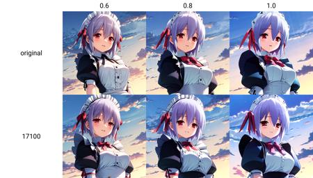 ((masterpiece, high quality, best quality)),
1girl, red eyes, from below, maid, blue sky, day, white hair, short hair, hair ribbon, blush, maid headdress, light smile, cloud, looking down, looking at viewer, outdoors, upper body, medium breasts, bow, parted lips,
 <lora:gayaro-style_v1.1-original:0.6>