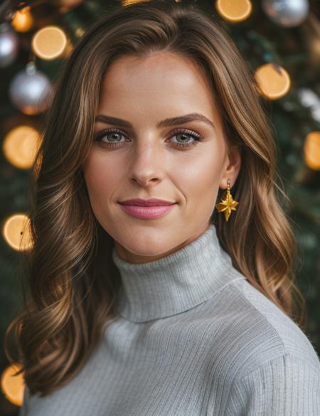 photo of (is4b3l) woman, ((close portrait photo)), RAW, nature, Spectacular light, Christmas Turtleneck dress, Colorful flowering, 8k, soft lighting, high quality, film grain, Olympus OM1 sharp focus, f 3.4, (eye shadow), (eyeliner), (seductive pose), upper body, smile, breast, Christmas, Christmas decorations