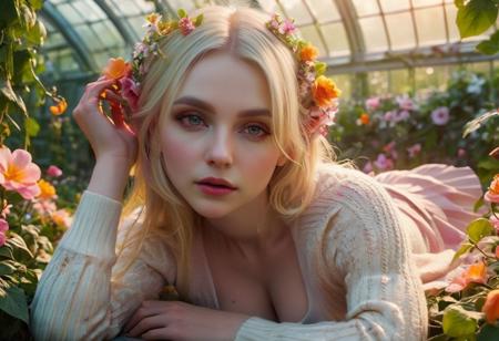 extremely detailed, high quality, realistic, beautiful eyes, cleavage, white sweater, leather pants, skirtlift, one russian girl, solo, super model, pale skin, light bonde hair, long hair, bangs, prefect face, make up, big tits, hanging breasts, nipples, narrow waist, navel, thighs, T-shirt, pleated skirt, mini skirt, (looking at viewer), an enchanting, overgrown greenhouse filled with tangled vines and blossoming flowers, backlighting, creates a halo effect around characters, giving them a radiant and romantic aura, looking at viewer, (from side)  (masterpiece, best quality), hyper detailed, fantasy landscape, dreamlike, fog, vivid colors, closeup UHD, small creature with big ears, otherworldy, lying down, large eyes, large ears flopped either side of its head, pale yellow and orange and pink stripes, hyper detailed, fantasy art, lush foliage, splashes of teal and orange colors, dreamy atmosphere, dawn or dusk light, glowing flowers and plants, colorful leaves, serene, 4k masterpiece