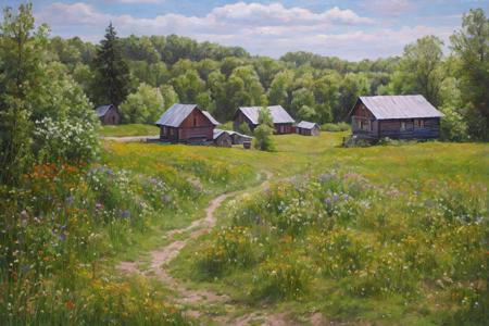 <lora:Zaxarovobv:0.65>
zaxarovob, oil painting, during early spring, featuring a field, blooming wildflowers, a rustic house